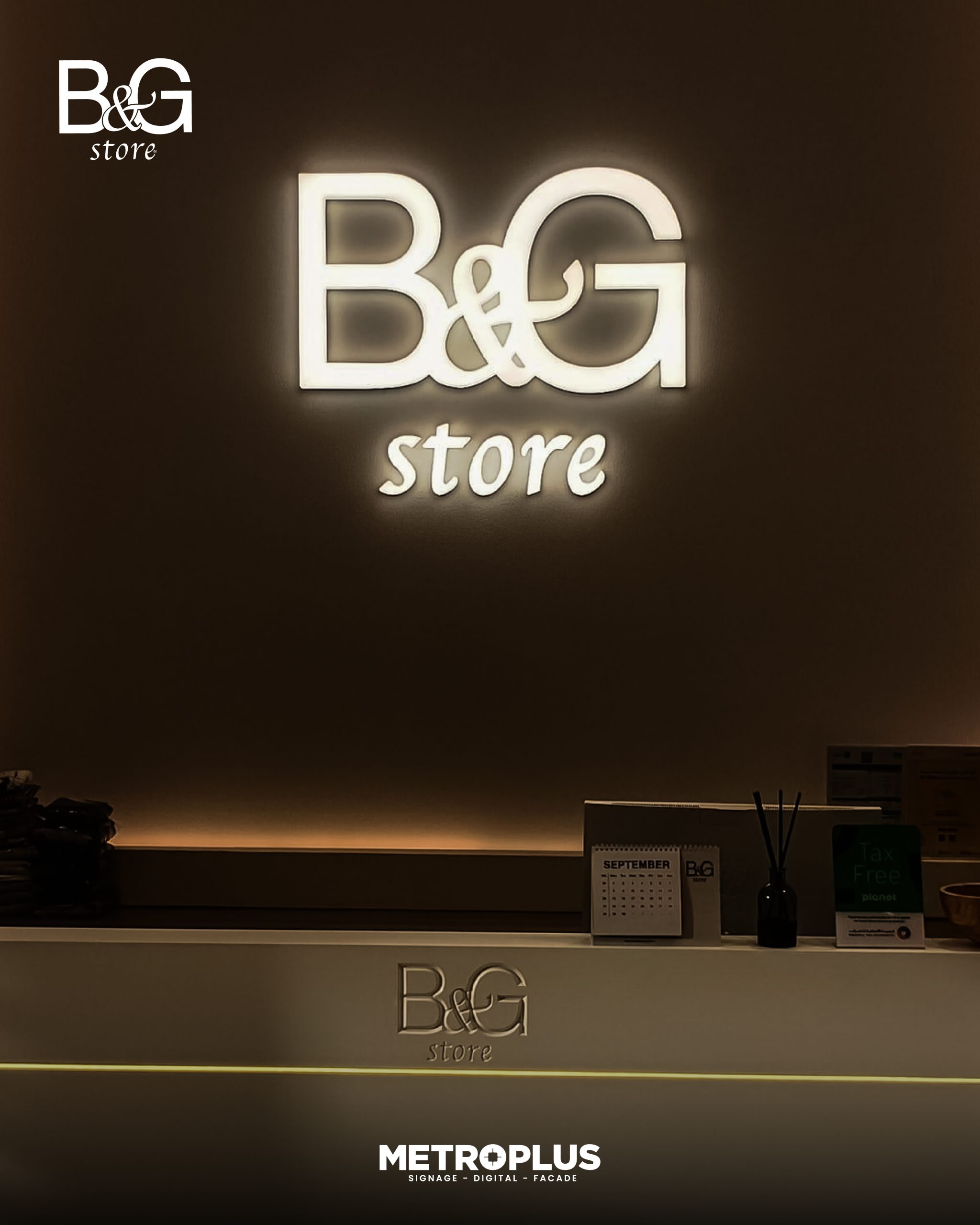 B&G Store fascia signage detail, Dubai Festival City by Metroplus
