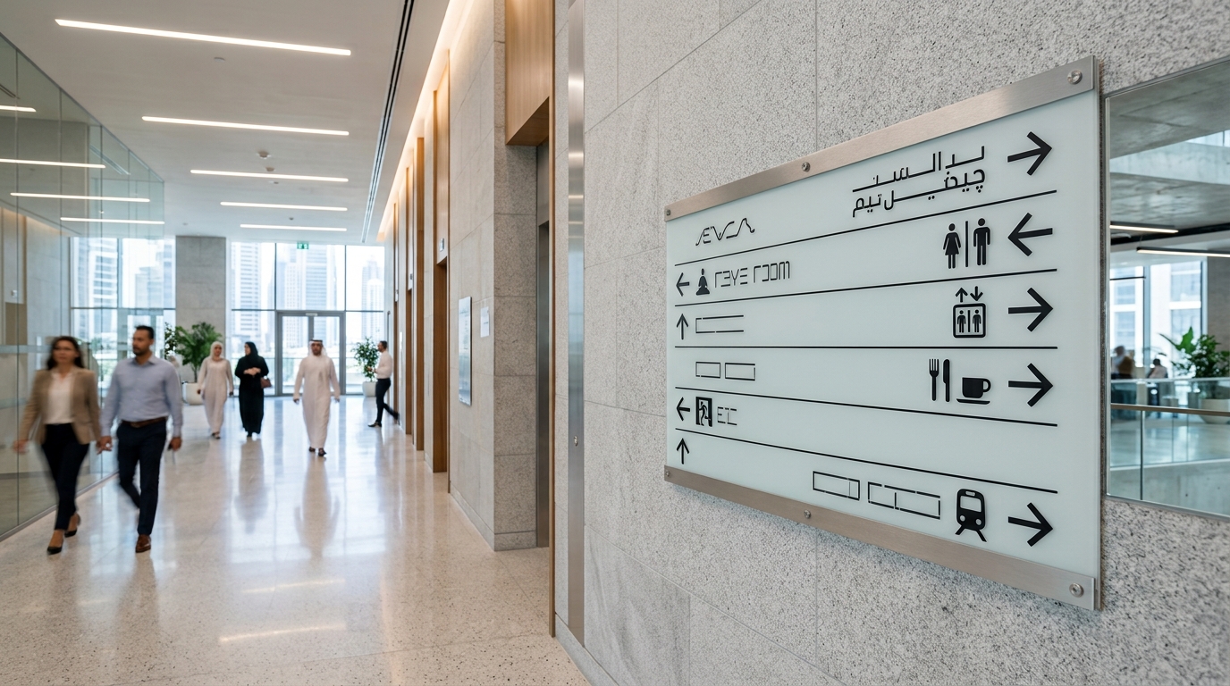 Modern bilingual Arabic and English wayfinding directional sign in a Dubai commercial building corridor