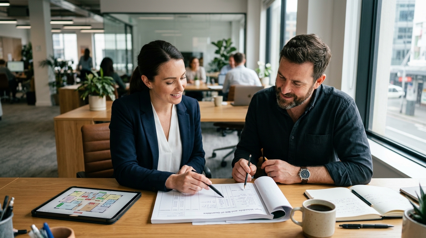 Quantity surveyor and signage project manager reviewing a printed sign schedule and bill of quantities for a UAE signage tender