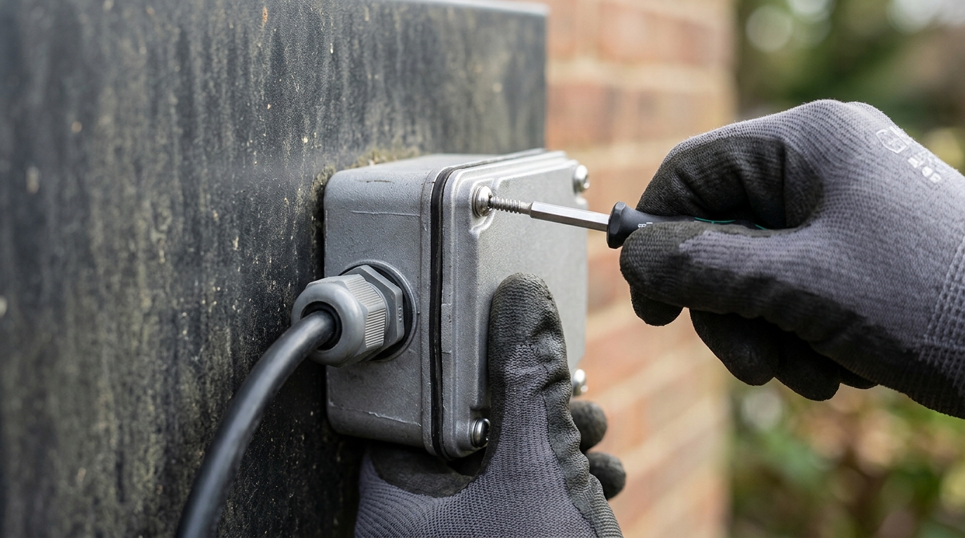 Technician sealing a weatherproof IP-rated junction box on an outdoor illuminated sign in the UAE