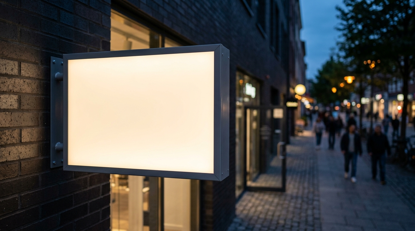 Illuminated acrylic-faced retail lightbox sign glowing softly at dusk outside a storefront
