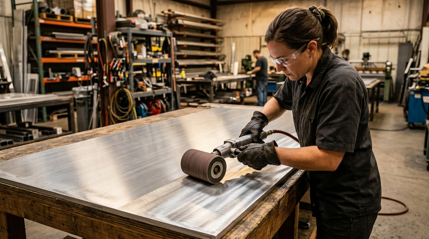 Fabricator applying a brushed metal finish to an aluminum sheet in a signage workshop