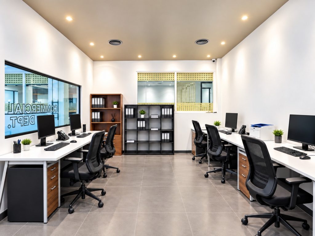 Commercial department workstation room with glass viewing window at Metroplus head office