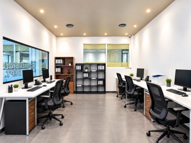 Commercial department workstation room with glass viewing window at Metroplus head office