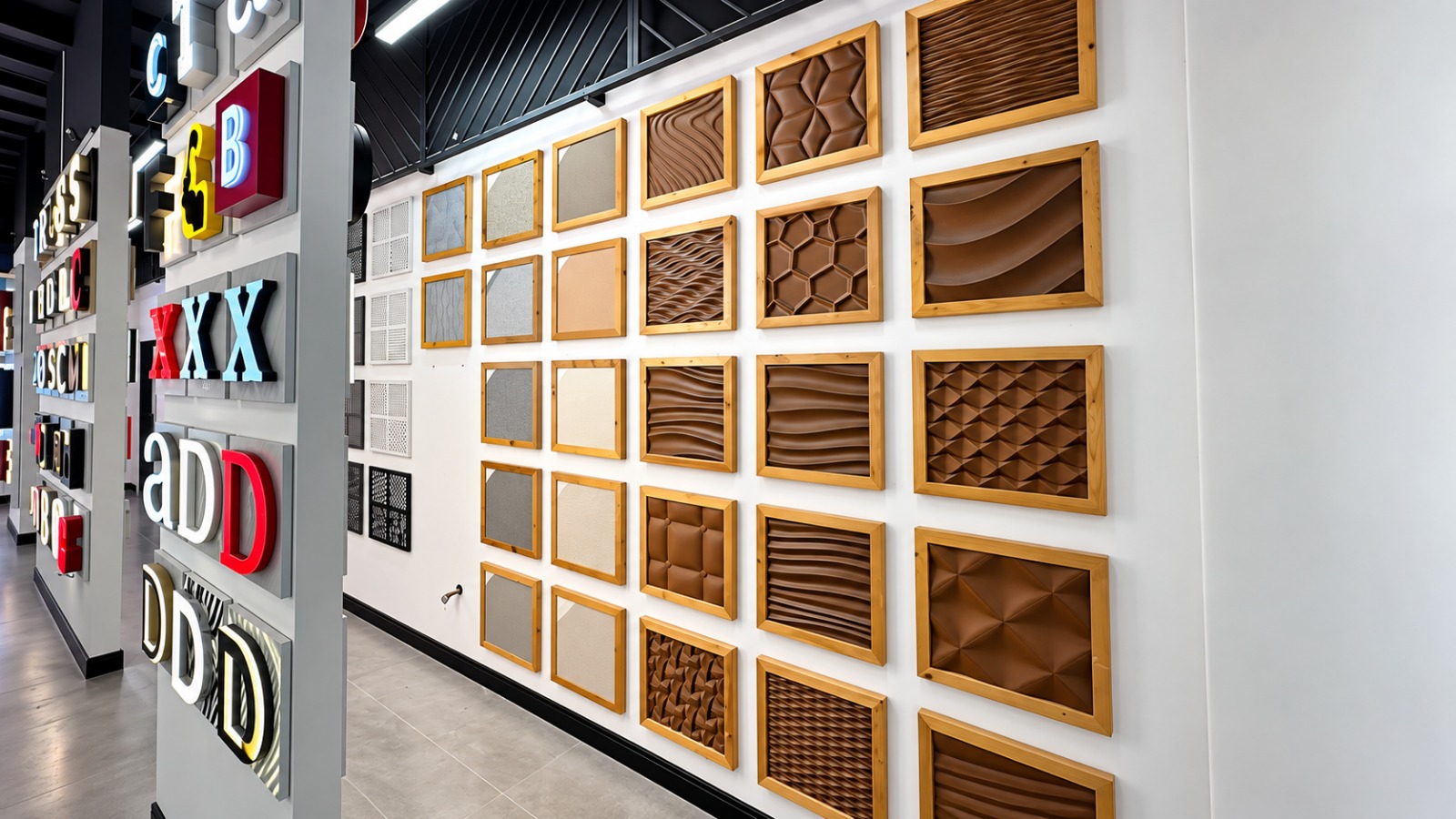 Wall of framed 3D textured panel and perforated metal finish samples in the Metroplus showroom
