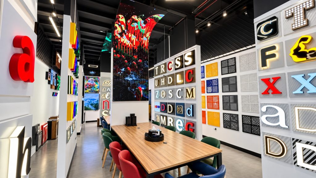 Metroplus showroom meeting table surrounded by illuminated letter samples and a curved LED screen