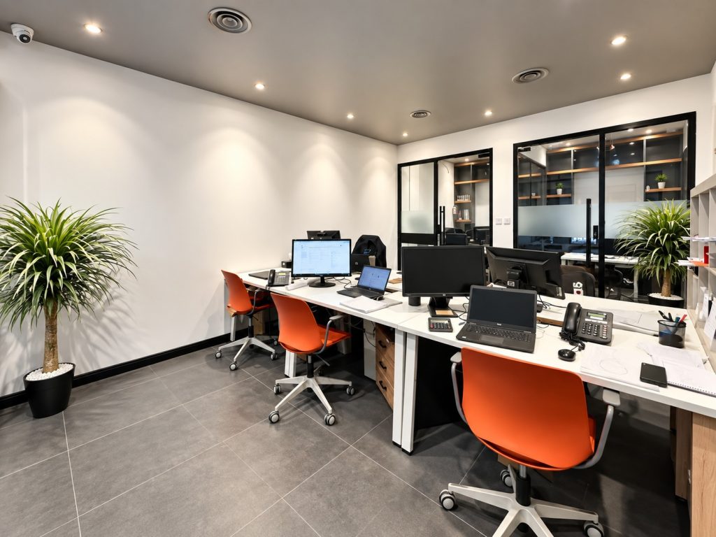 Sales and coordination workstations with orange task chairs beside glazed meeting rooms at Metroplus