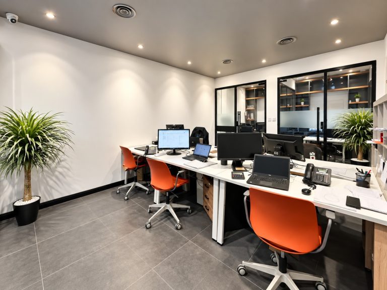 Sales and coordination workstations with orange task chairs beside glazed meeting rooms at Metroplus