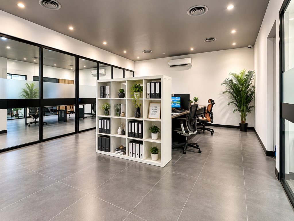 Open-plan office with white shelving divider and glazed meeting rooms at Metroplus head office