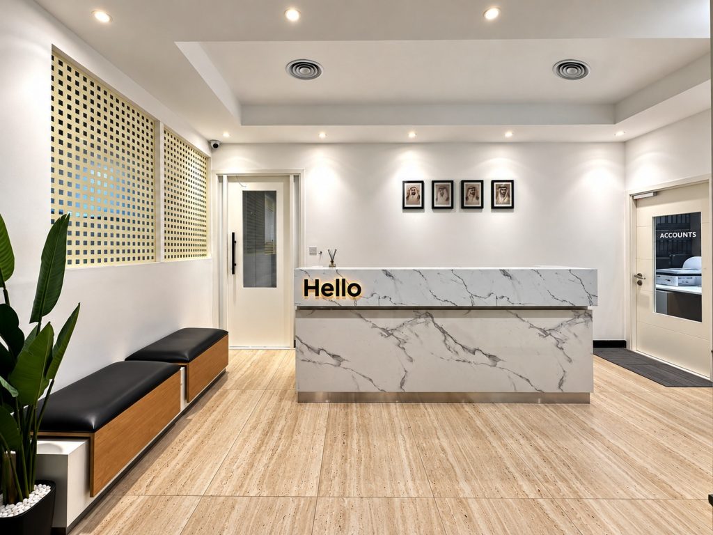 Marble-finish reception desk with illuminated Hello lettering at the Metroplus head office