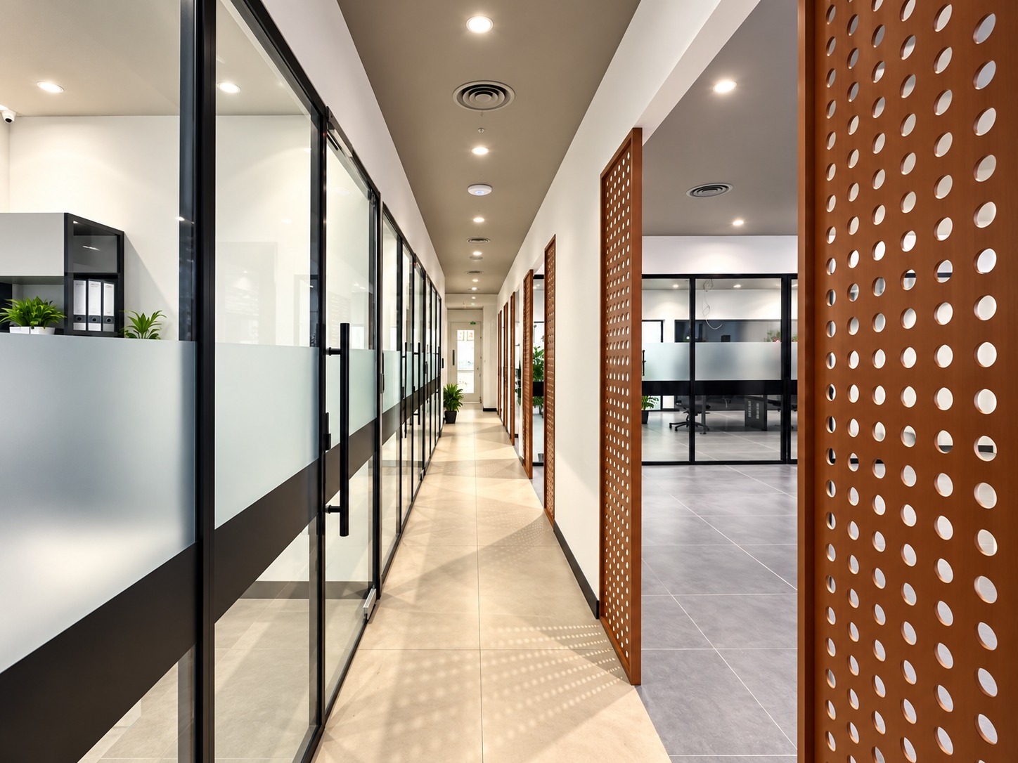 Office corridor lined with glazing and perforated timber screens at Metroplus head office
