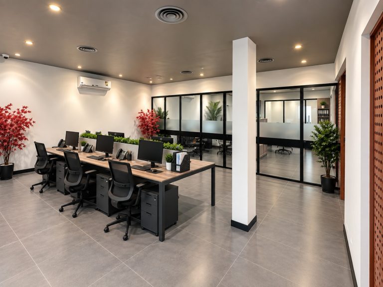Timber-top workstation bay with planting and glazed meeting rooms at Metroplus head office