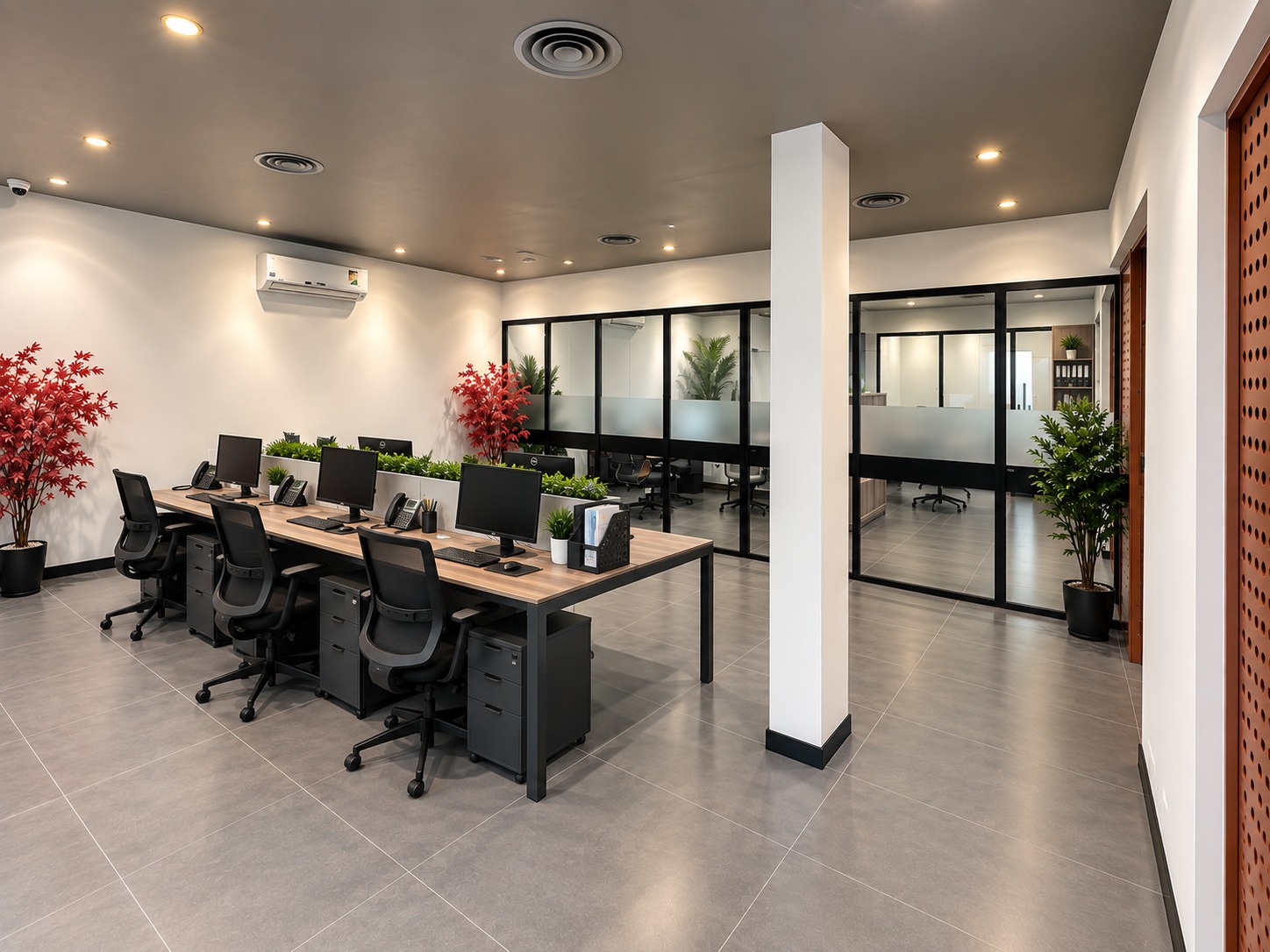Timber-top workstation bay with planting and glazed meeting rooms at Metroplus head office