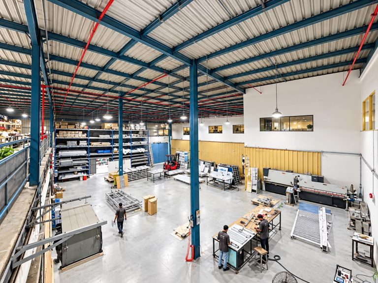 Metroplus factory floor with material racking, sheet-metal machinery and fabrication tables