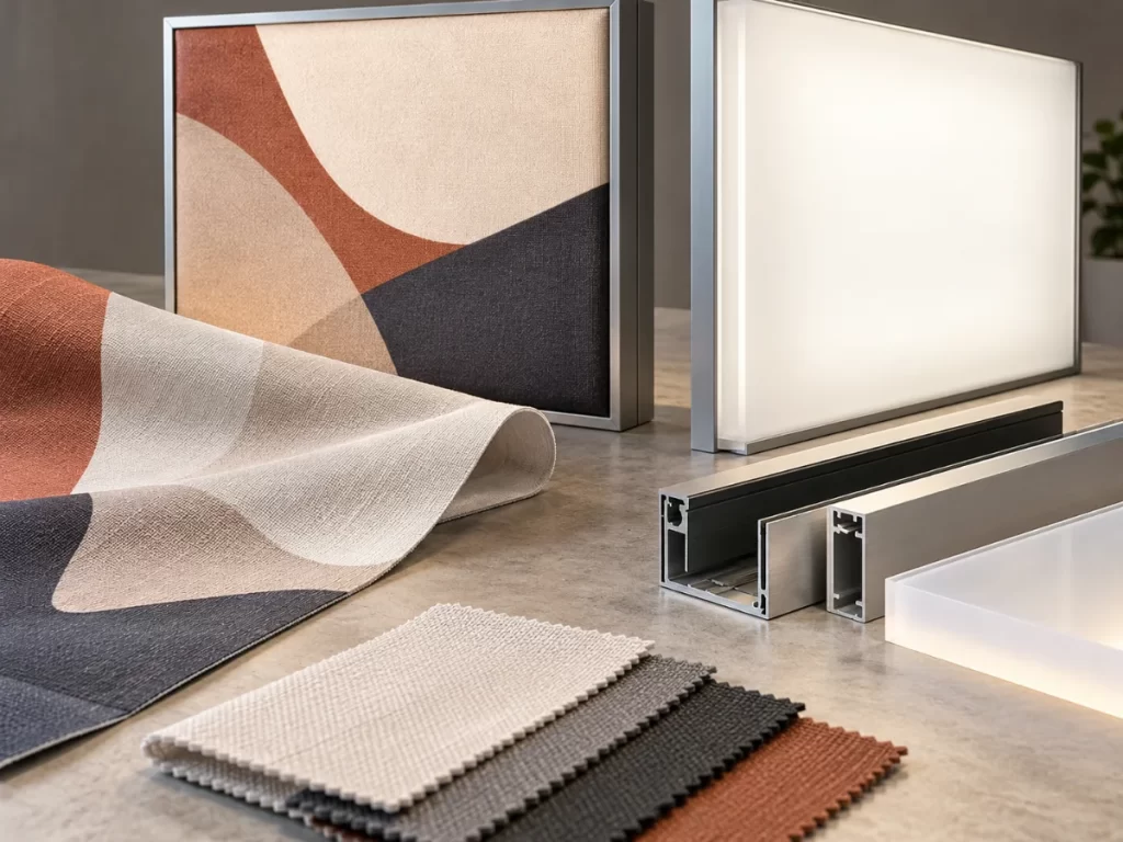 Illustrative fabric face sample beside a rigid translucent sheet and frame profiles