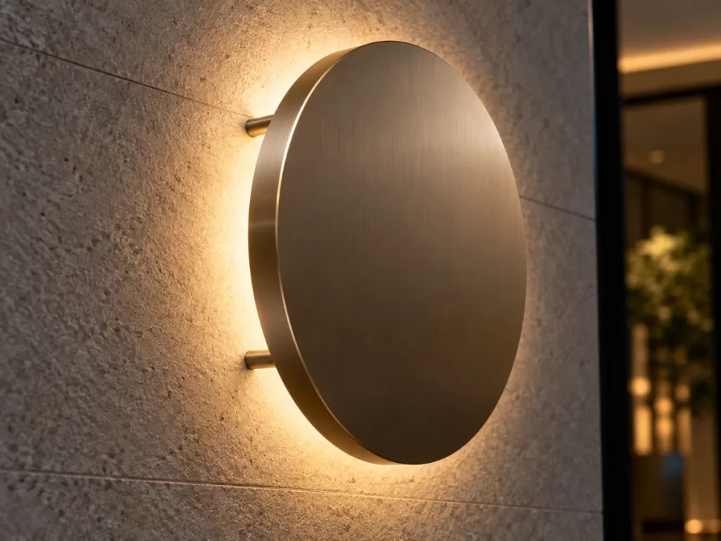 Illustrative halo-lit metal form against a textured wall