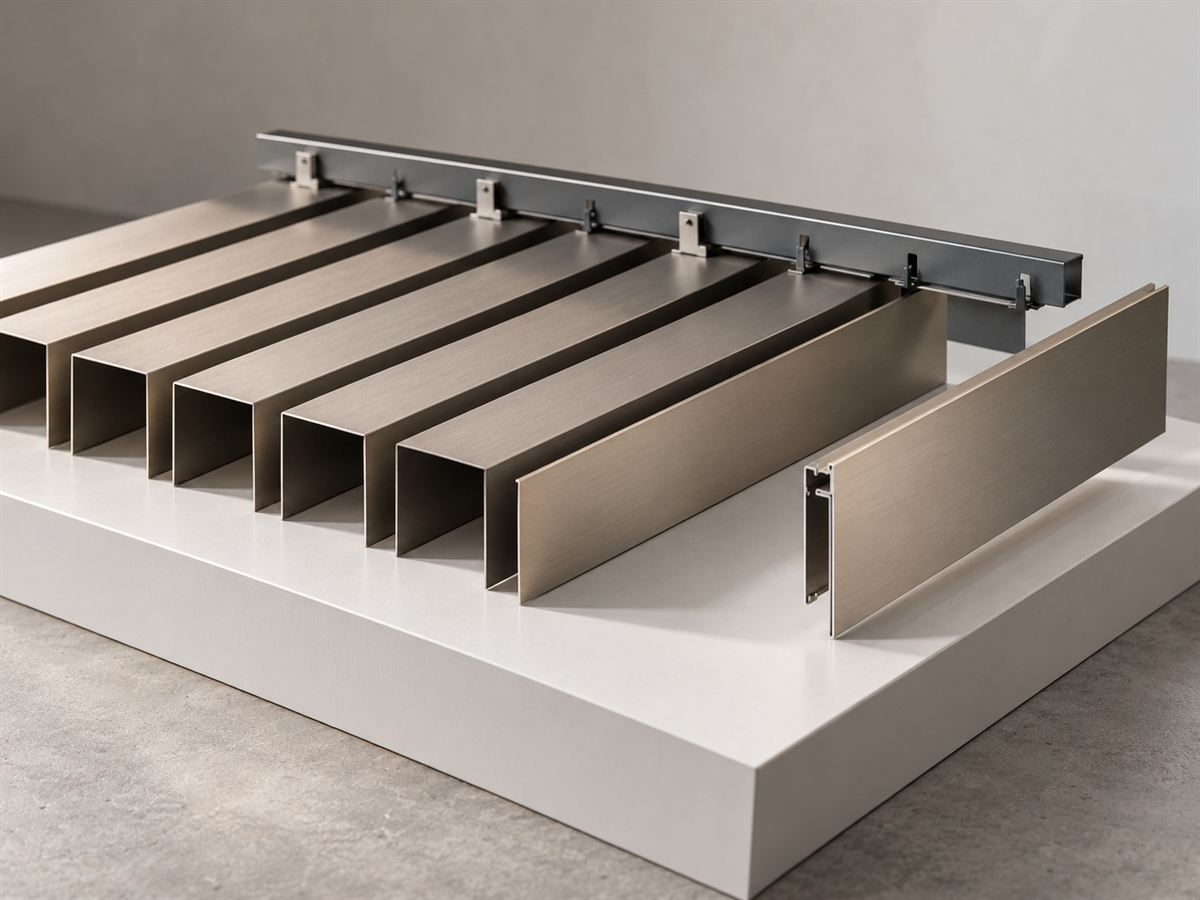 Illustrative concept of a metal baffle ceiling with an access panel and integrated lighting