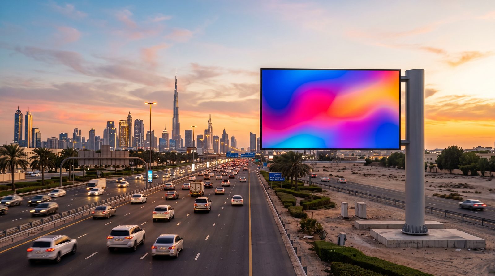 Outdoor LED billboard beside a Dubai highway at golden hour