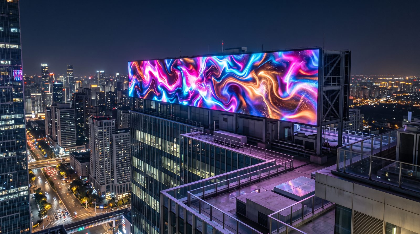 Rooftop LED screen on a high-rise building above a city skyline at night