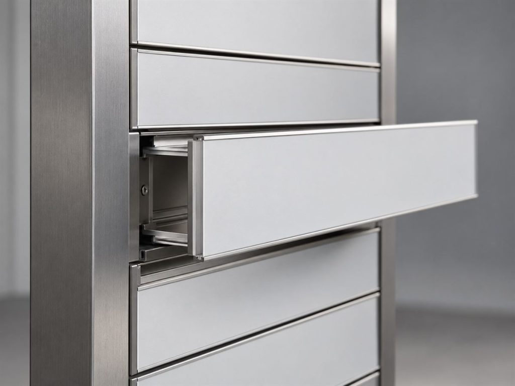 Illustrative concept of a modular tenant directory with replaceable name strips in a metal frame