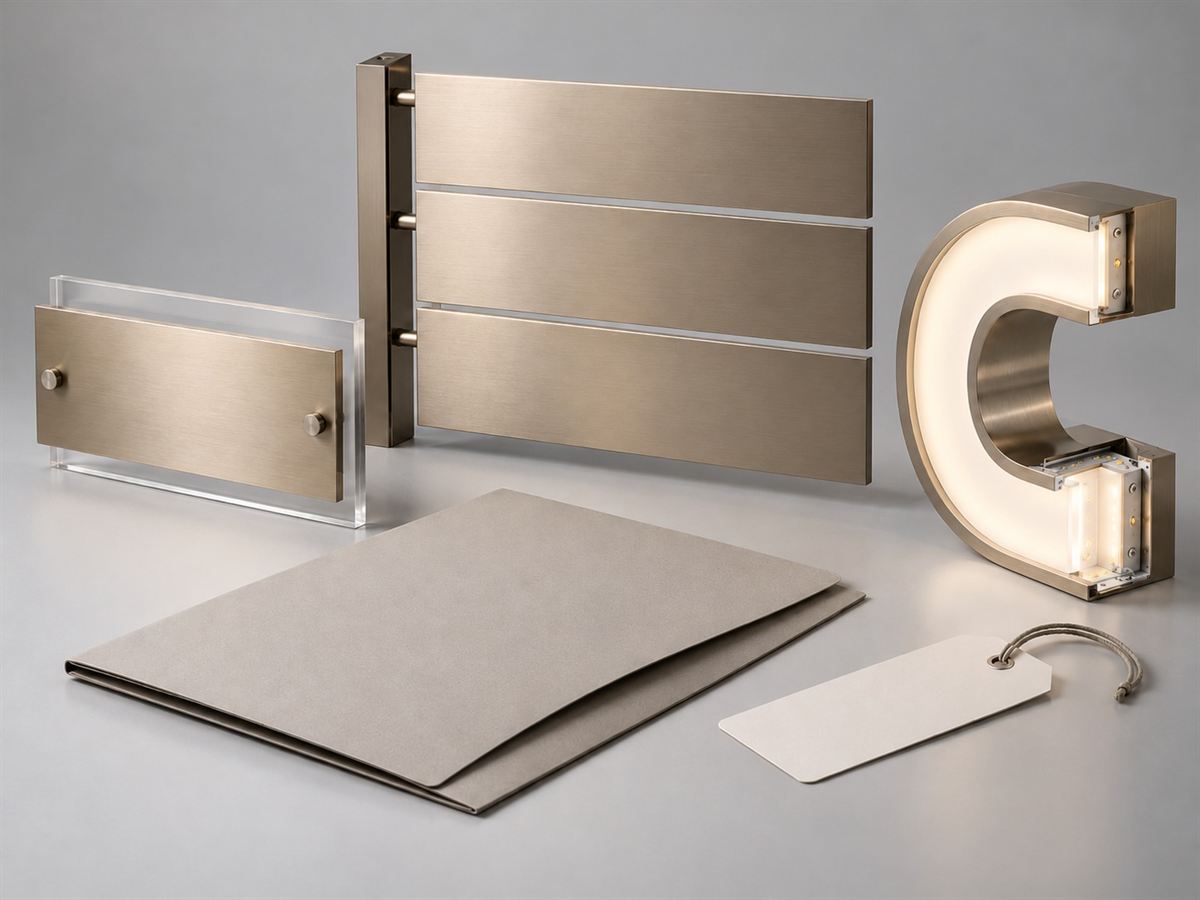 Illustrative concept of a coordinated signage sample family: room plaque, directional panel and illuminated letter section
