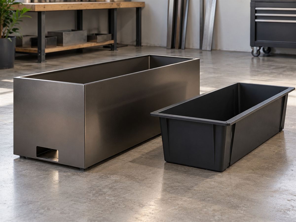 Illustrative concept of an empty fabricated metal planter sample with a separate liner