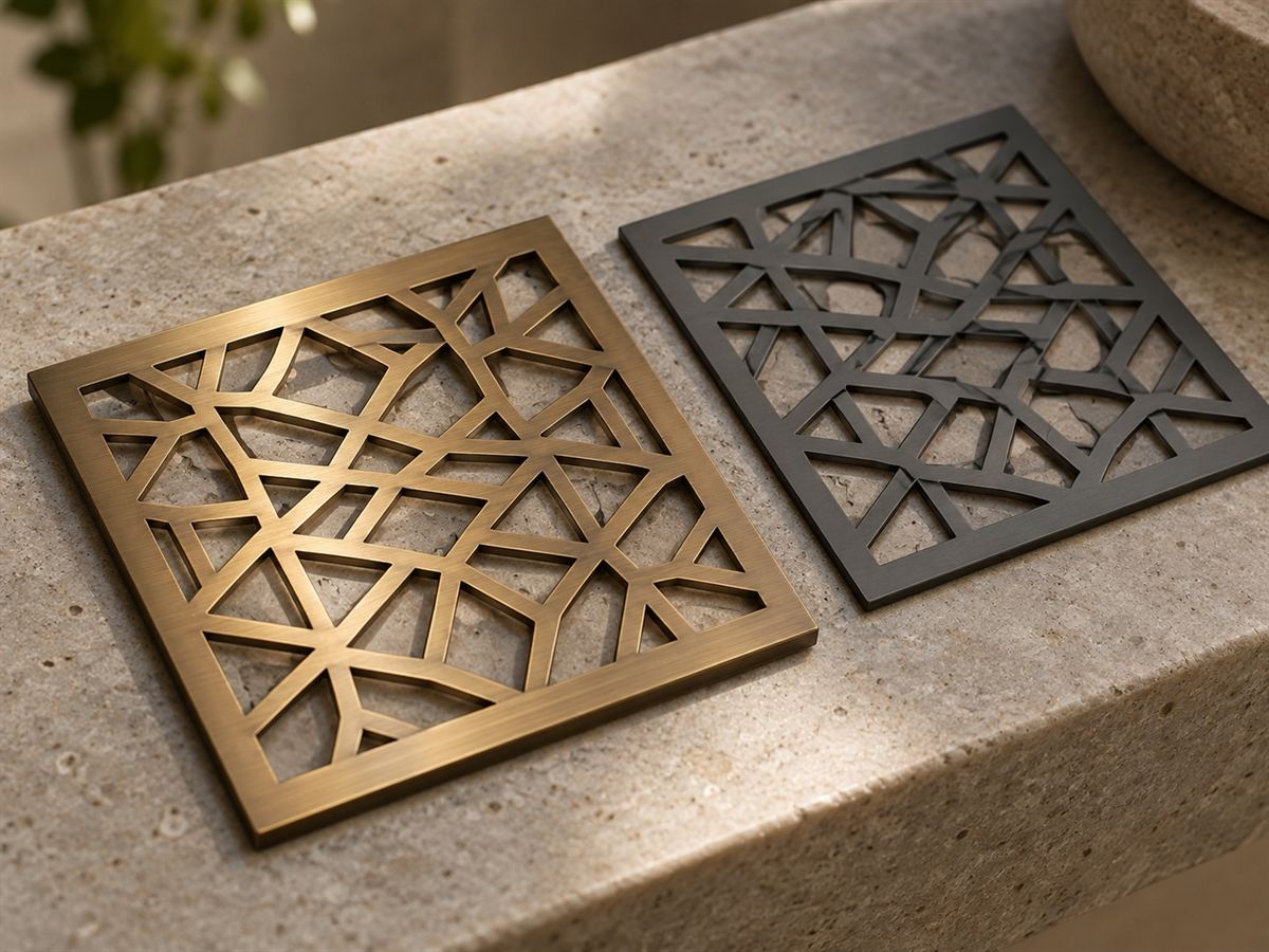 Illustrative concept of laser-cut bronze and matte metal pattern samples on a stone bench