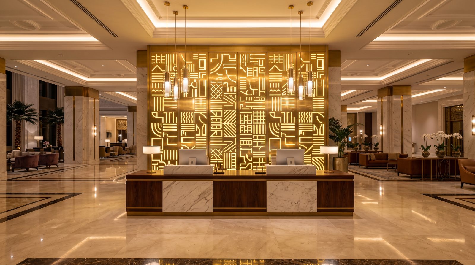 Hotel lobby and exterior brand signage in a luxury resort setting