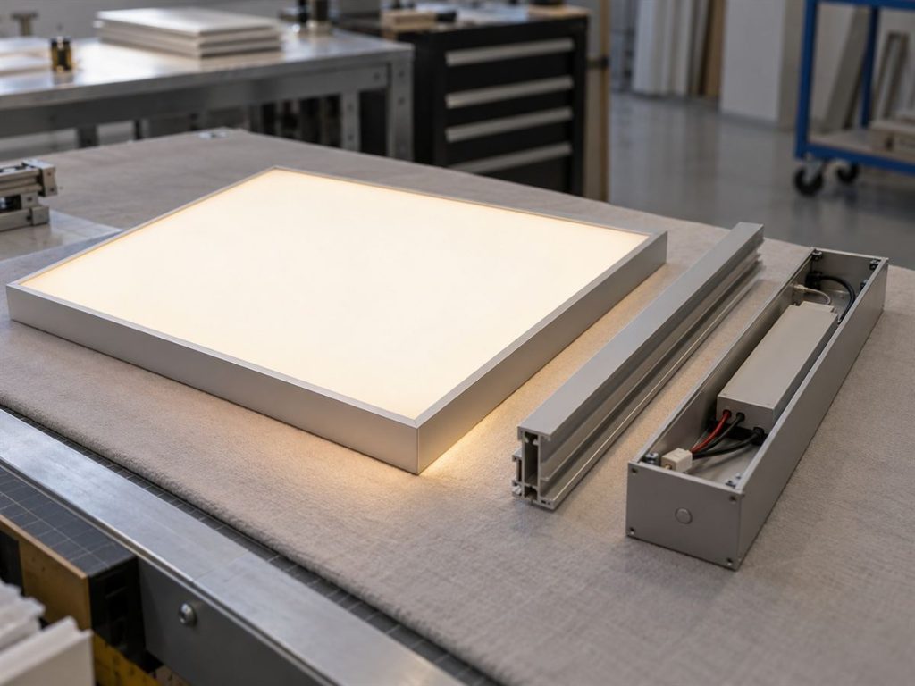 Illustrative concept of an illuminated stretch ceiling edge detail with a service access point