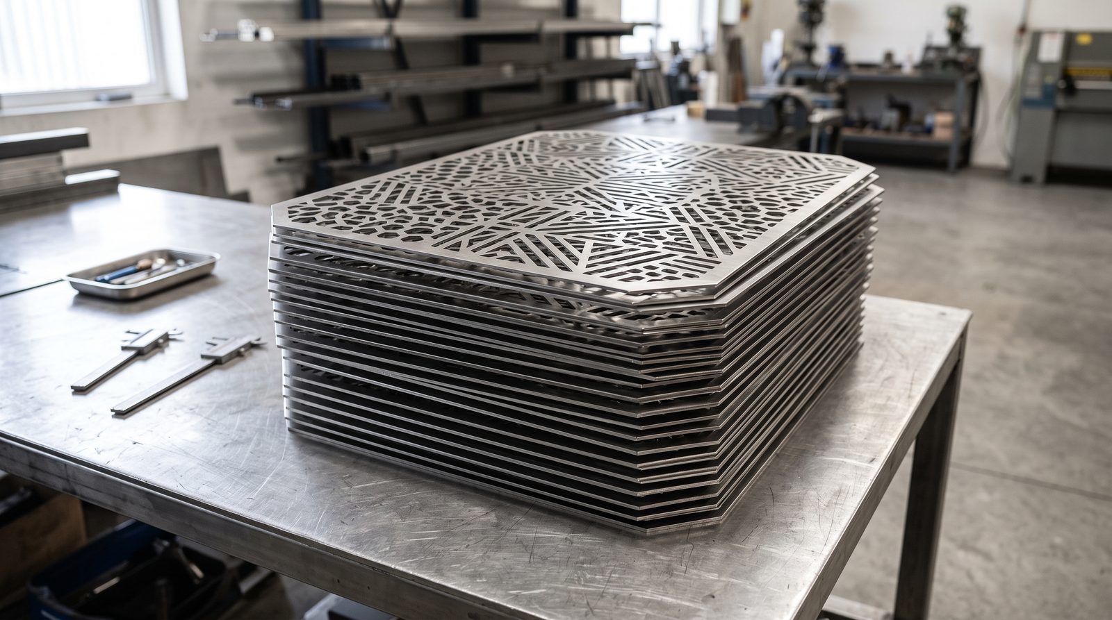 Stack of precision laser-cut stainless steel panels with geometric perforations