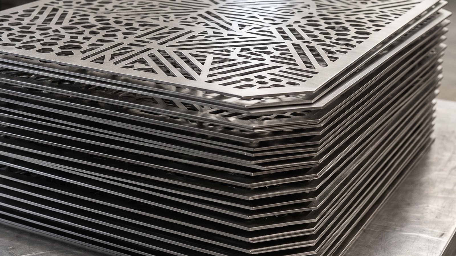Close-up of laser-cut stainless steel panel with intricate geometric pattern