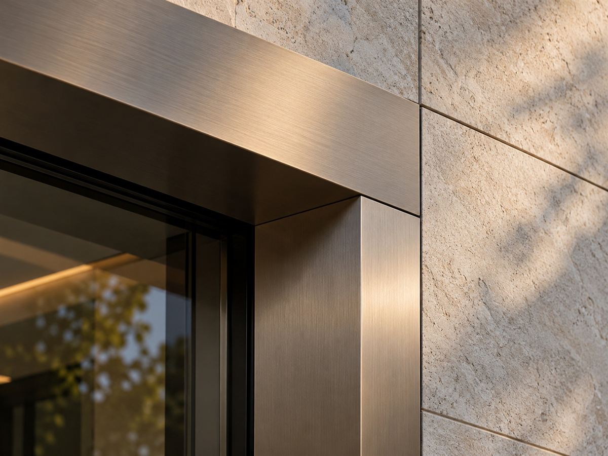 Illustrative concept of a brushed metal lift portal corner meeting a stone wall