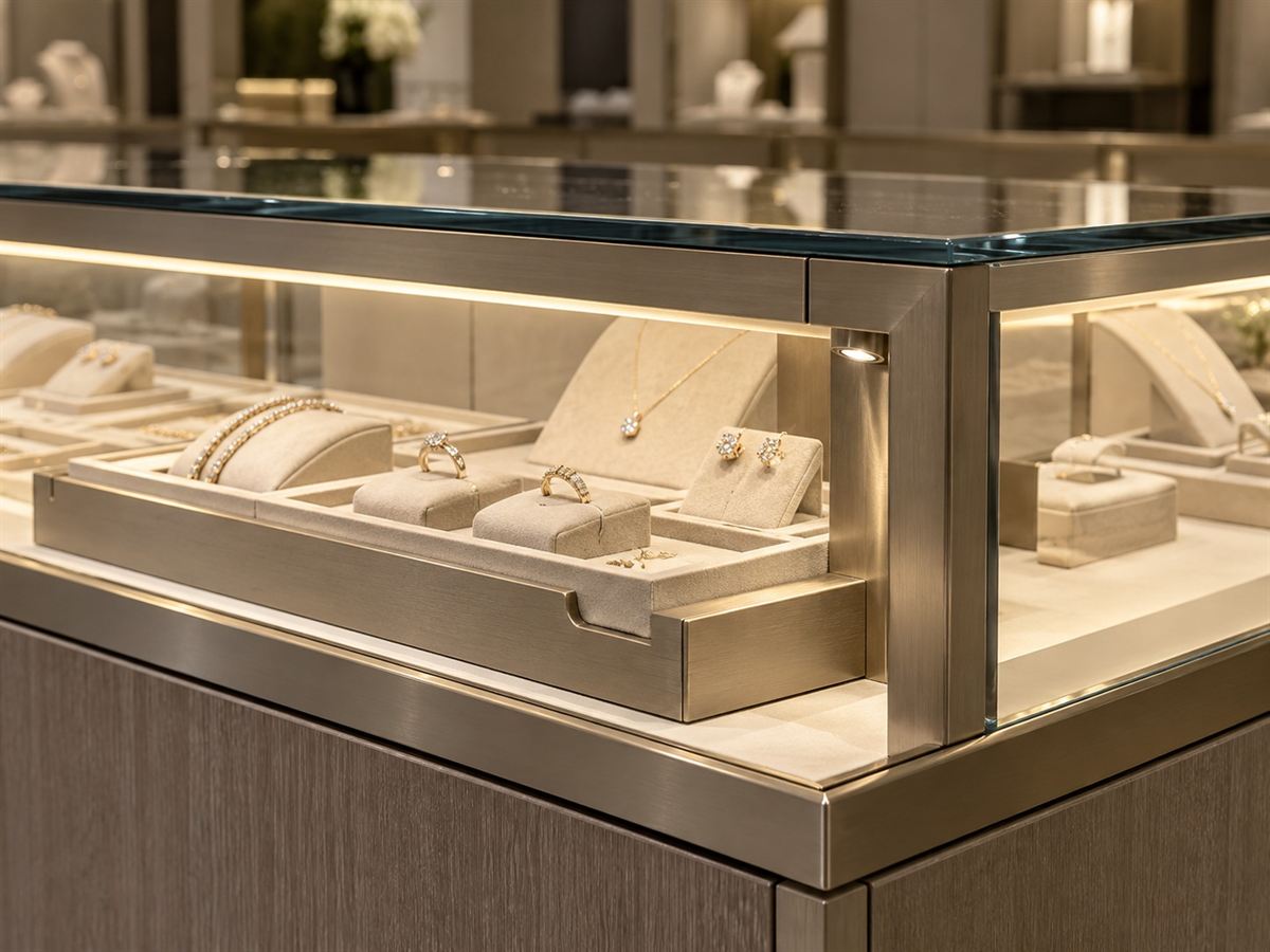 Illustrative concept of a luxury display fixture showing lit shelf edges and concealed hardware