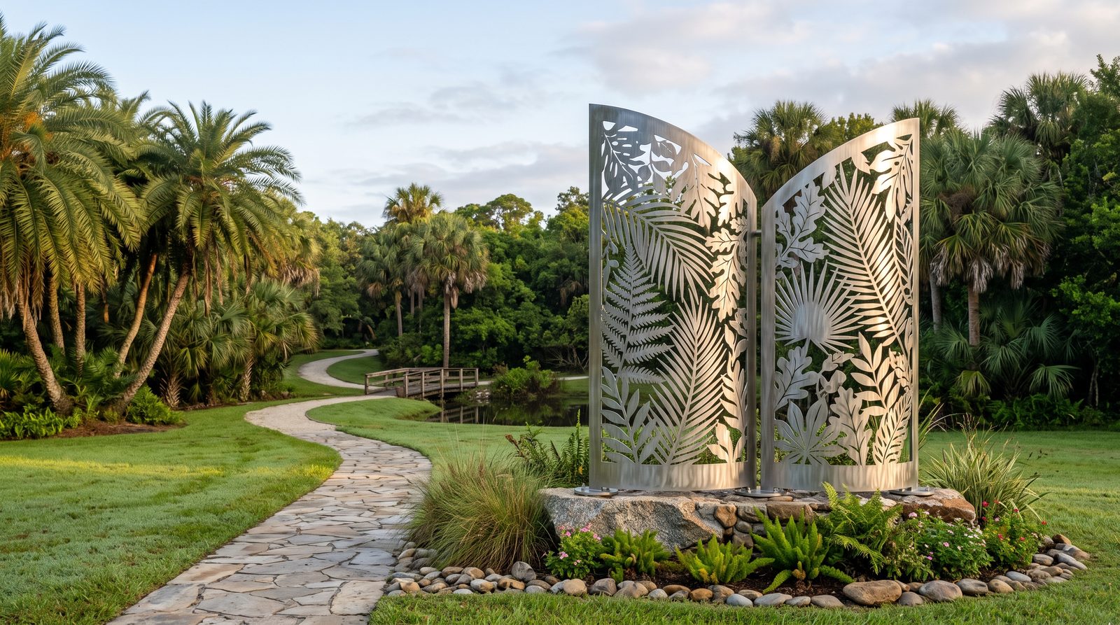 Sculptural laser-cut metal entrance sign at a public park with palm trees