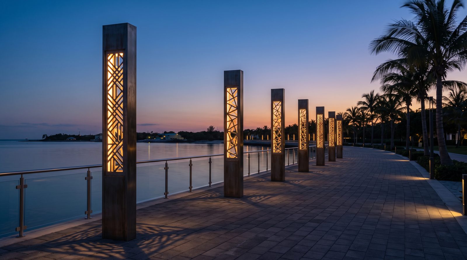 Illuminated metal totems along a waterfront promenade at dusk