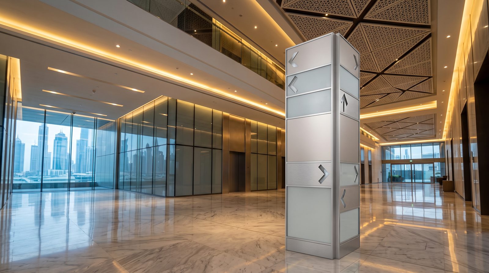 Freestanding directional and podium signage in a modern interior