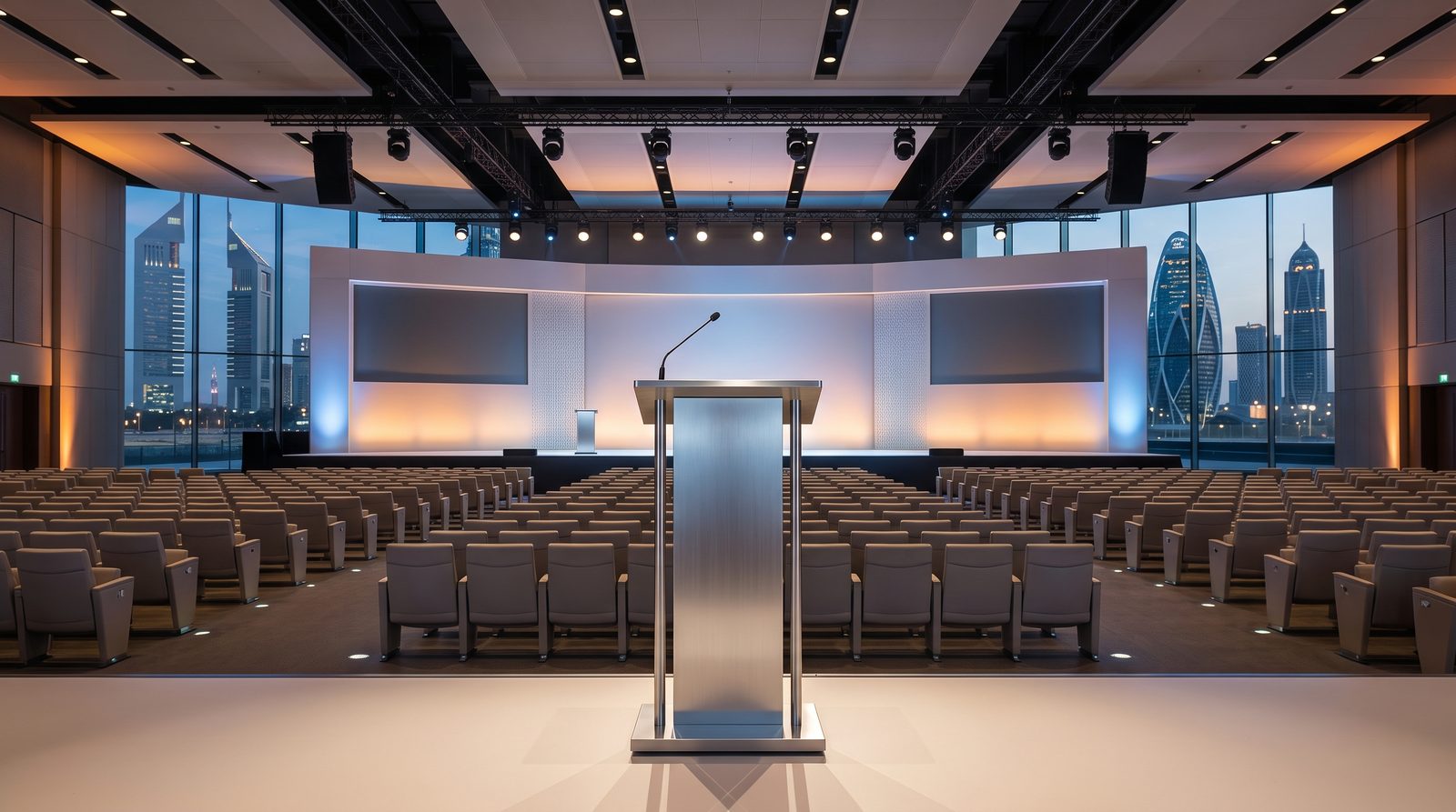 Podium signage and wayfinding stand in a contemporary lobby