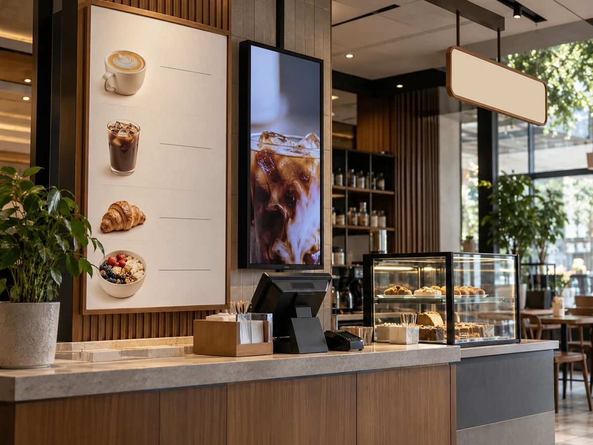 Illustrative concept of a restaurant counter with menu boards and digital display areas left blank