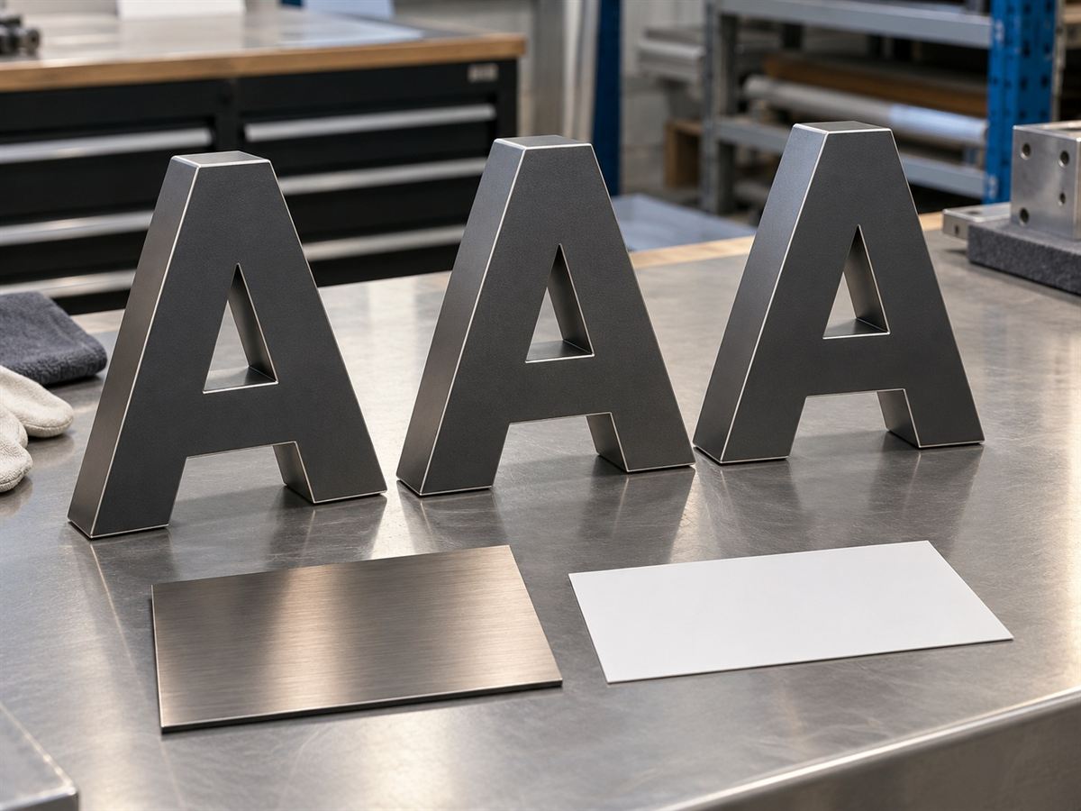 Illustrative concept of matching fabricated letter samples and finish coupons on an inspection bench