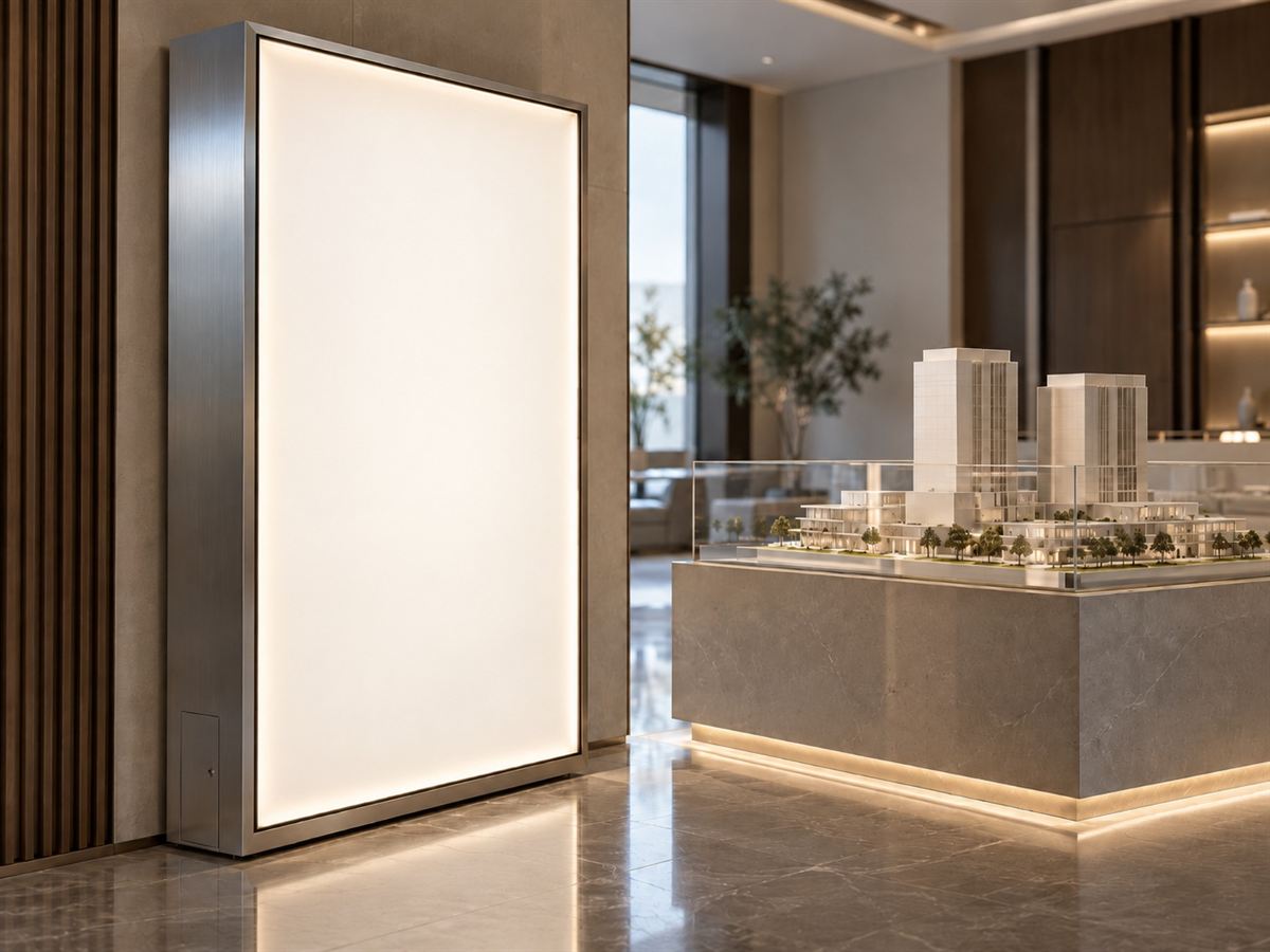 Illustrative concept of a sales gallery lightbox display beside an architectural model