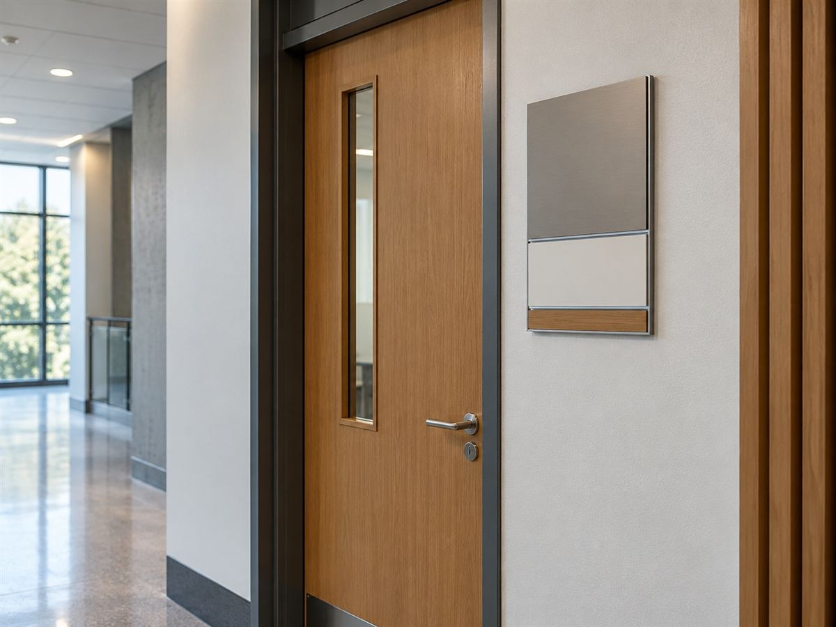Illustrative concept of a modular room-name panel beside a classroom door in a university corridor