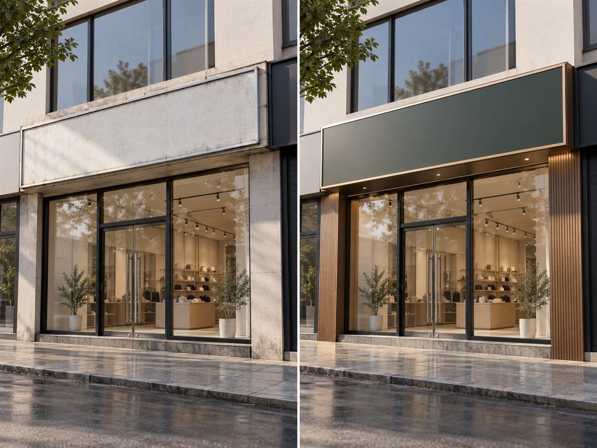 Illustrative concept comparing the same shopfront before and after a fascia refresh with a blank new sign panel