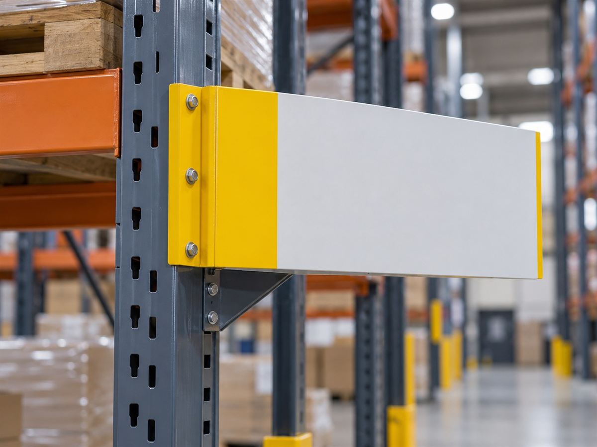 Illustrative concept of a racking-mounted aisle identification sign in a warehouse