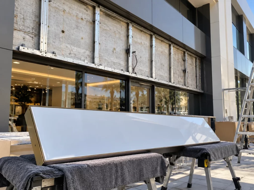 Illustrative new blank sign panel on a padded support beside a retained storefront surface
