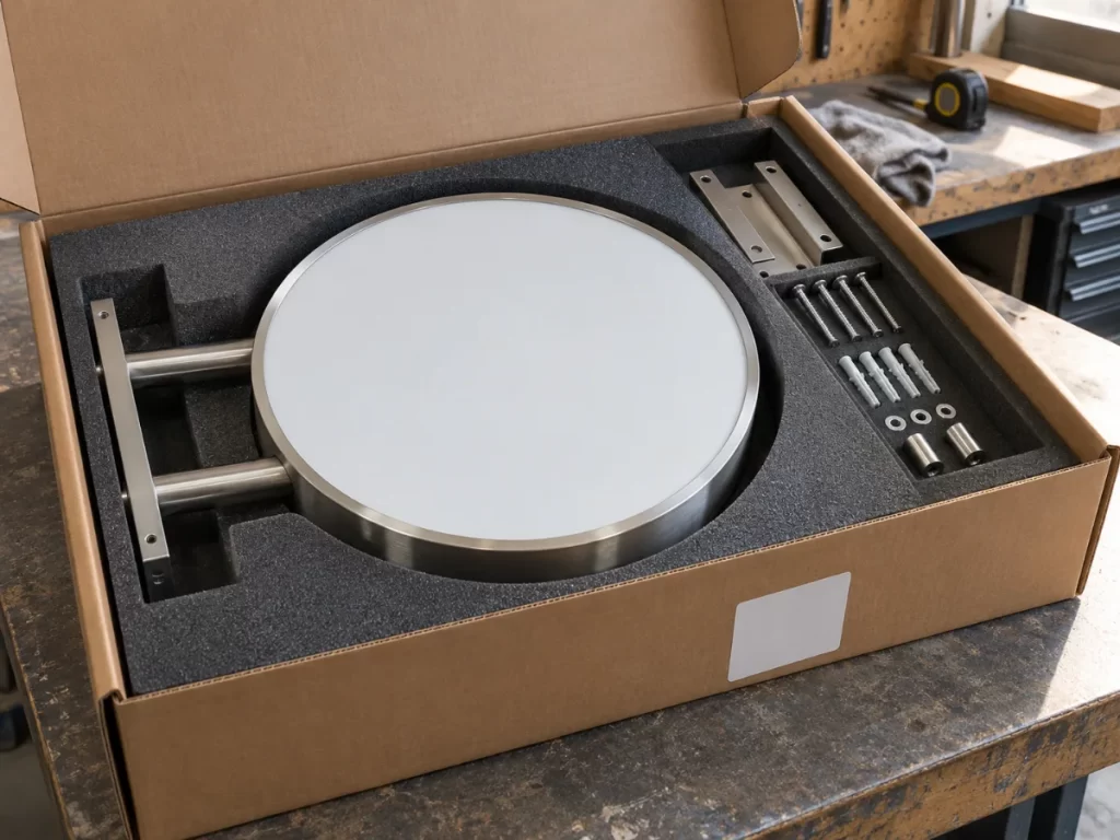 Illustrative fabricated sign component packed in fitted foam with separate mounting accessories